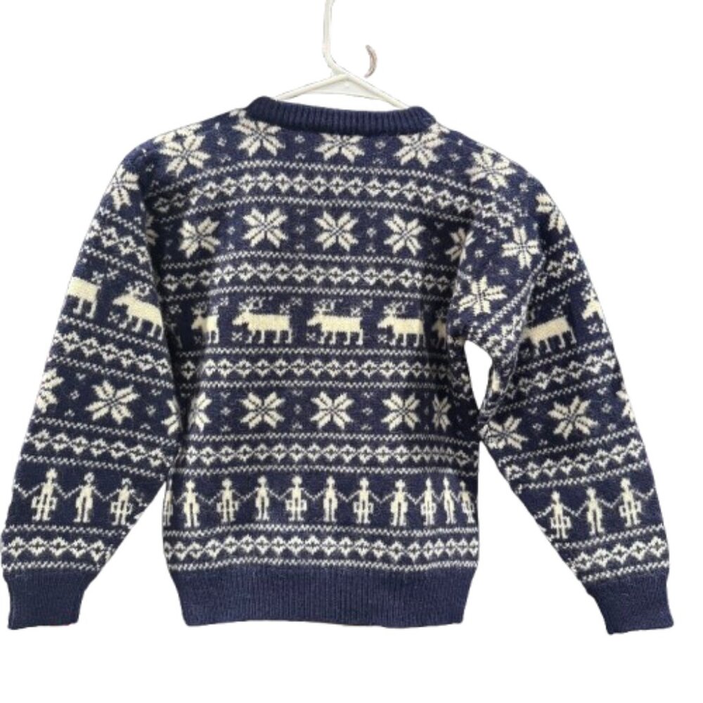 VTG Navy & White Snowflake Moose “People of the World” Boys Sweater | Wool | M/L - Picture 2 of 11